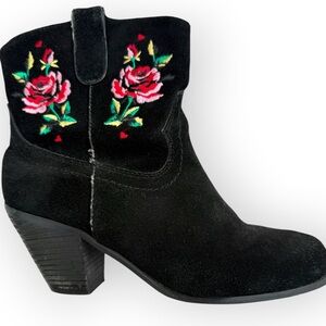 Betsey Johnson Yodell Black Suede Rose Embroidered Western Ankle Booties